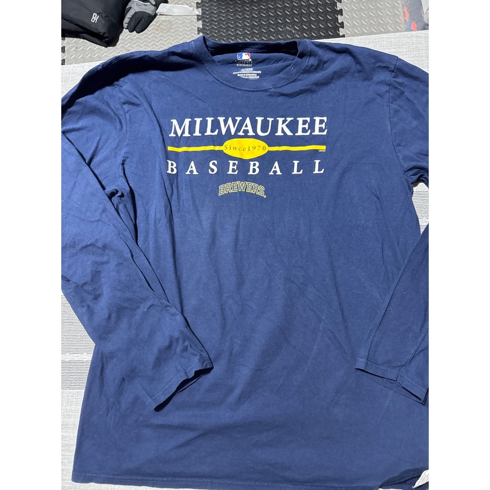 Milwaukee Brewers Baseball Long Sleeve T‎ Shirt Mens XL Navy Blue MLB Genuine